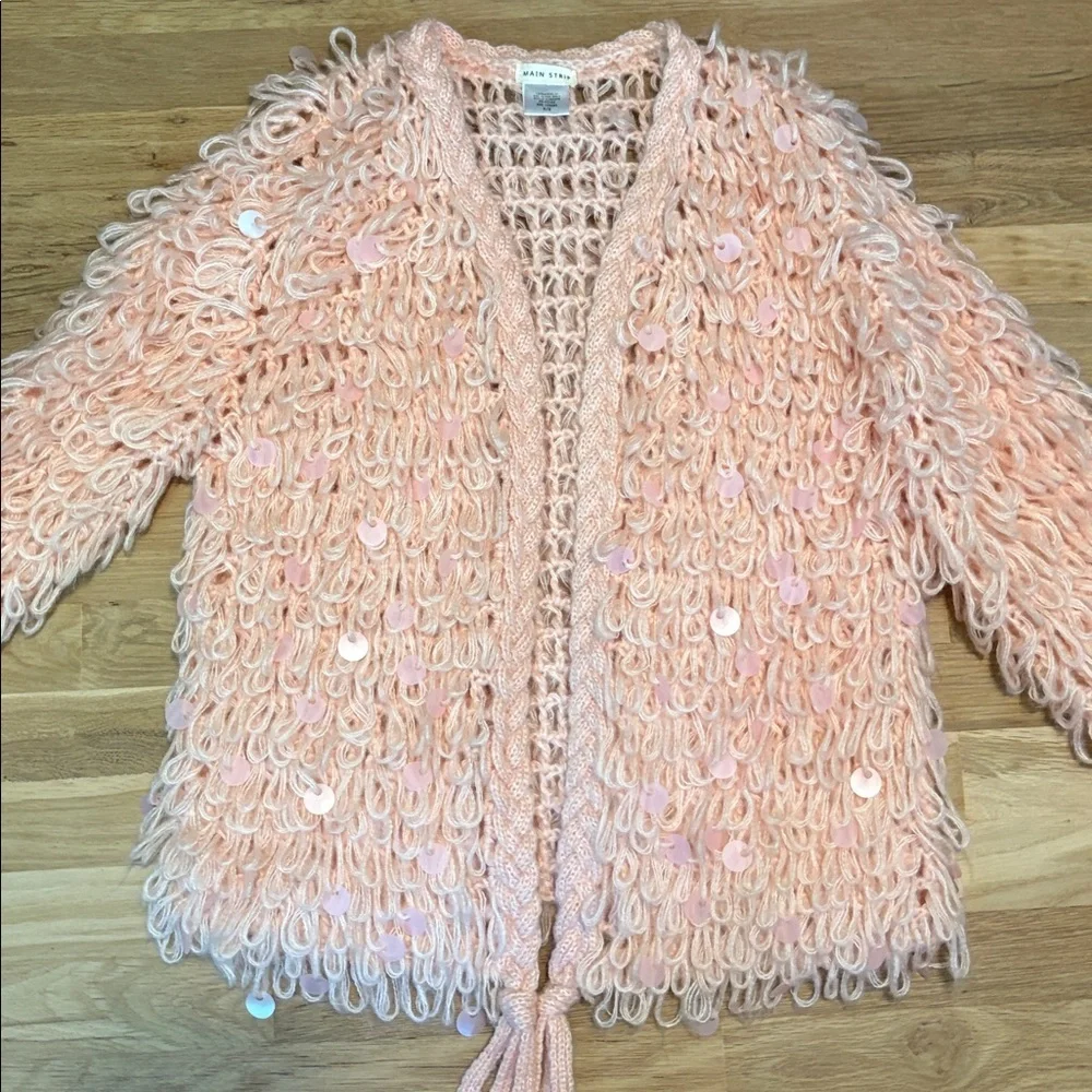 Main Strip Shaggy Lopped Knit & Sequin Pink Textured Cardigan Women’s M - Picture 3 of 13